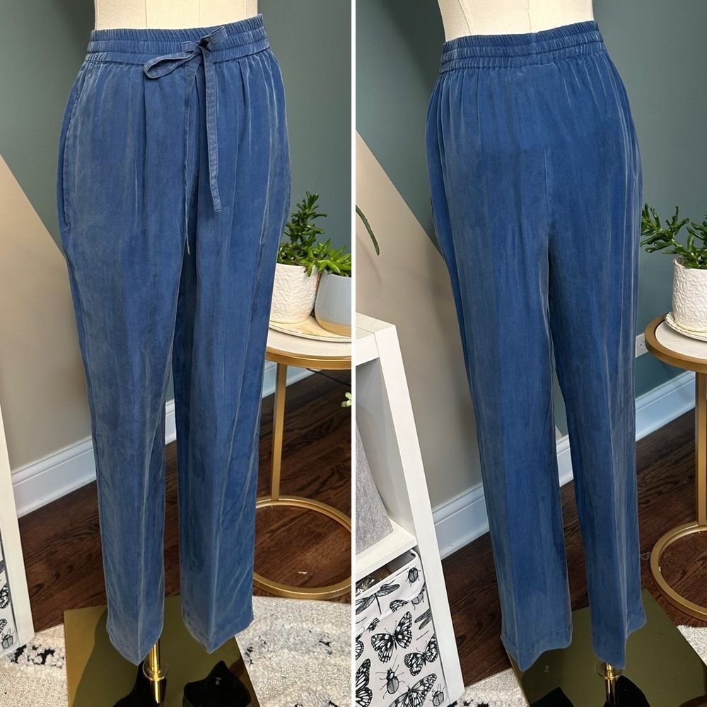 Vintage 90s Fiji Petite Silk Loungewear Set 2-Piece Blue Drawstring Pants S/XS - Picture 5 of 16